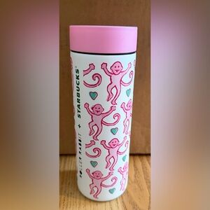 Starbucks White Tumbler with Pink Monkeys roller rabbit